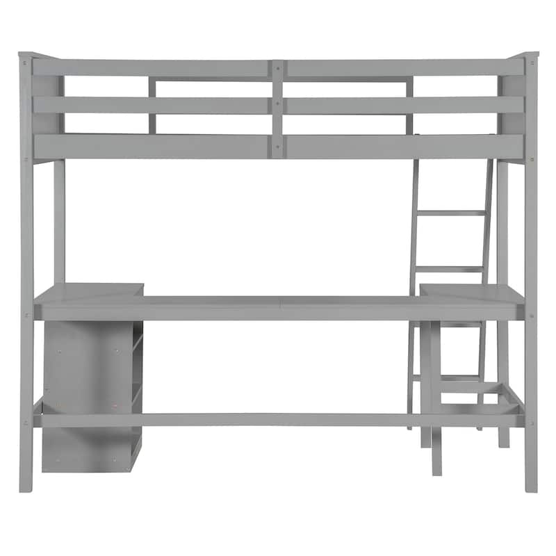 Wooden Twin Loft Bed with Desk, Shelves and Guardrails, Space Saving Design for Kids and Teens