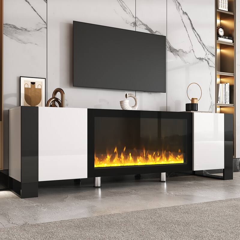 Stylish TV Stand with Non-heating Electric Fireplace, Media Console with 2 Cabinets for 78" TVs - White