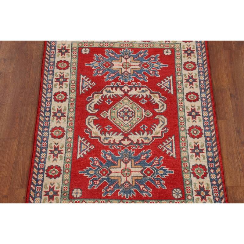 Geometric Red Kazak Foyer Rug Hand-Knotted Wool Carpet - 2'10" x 4'3"
