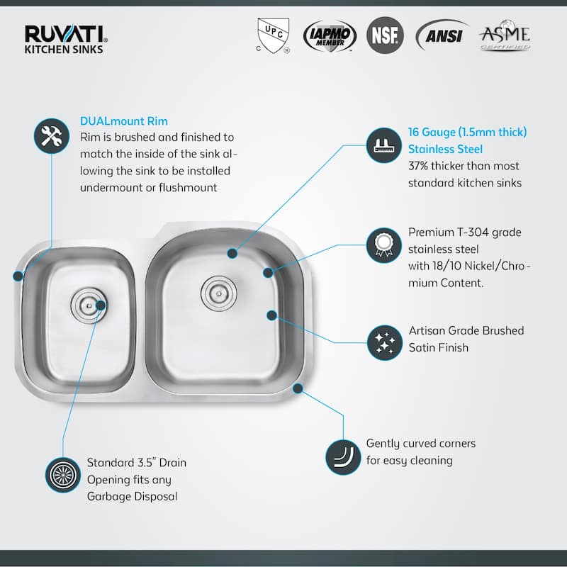 Ruvati 34-inch Undermount 40/60 Double Bowl 16 Gauge Stainless Steel Kitchen Sink - RVM4605 - 33-5/8″ x 20-1/2″
