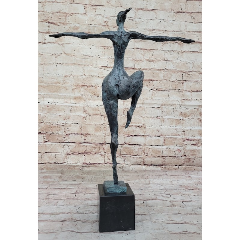Abstract Female Figure Dancer Kicker Bronze Sculpture Green Patina Marble Base