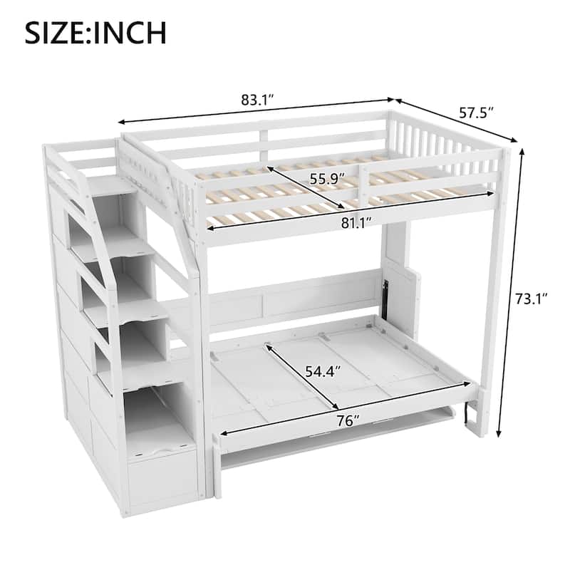 Full XL Loft Bed with Storage Staircase, Murphy Bed, Desk, and LED Light in White