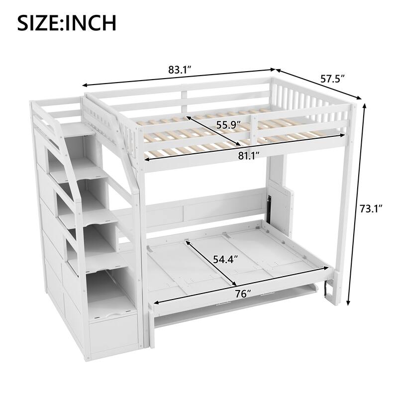 Full XL Loft Bed with Storage Stairs, Murphy Bed, LED Light, White