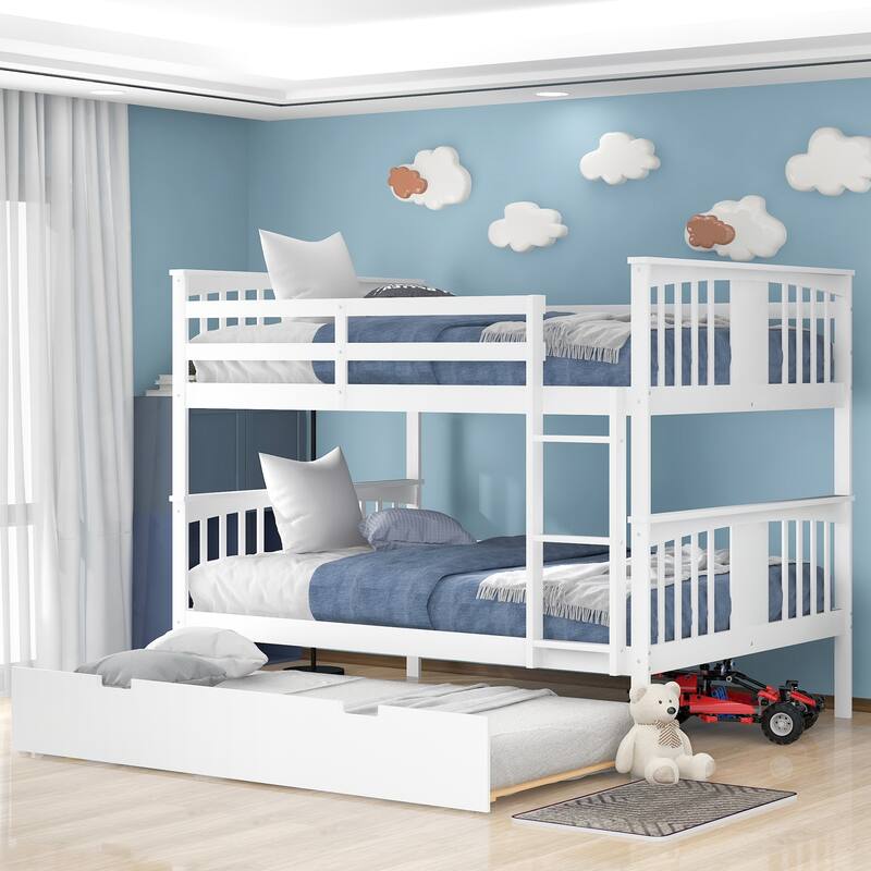 Full Bunk Bed with Twin Trundle, Wood Frame, Safety Rails, and Ladder