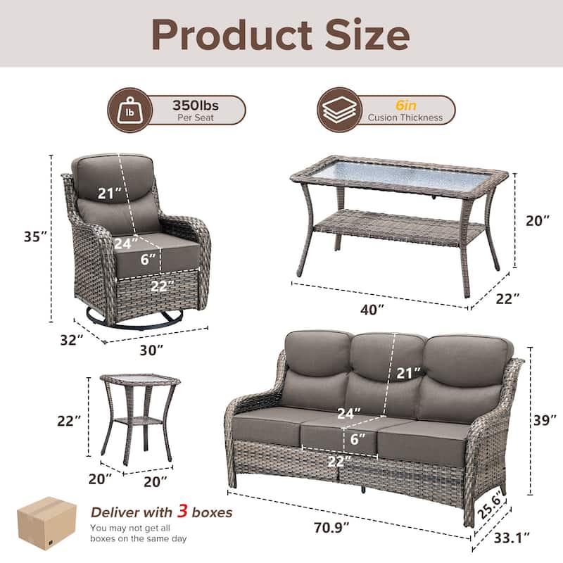 Gymojoy 5-Piece Patio Furniture Set with Swivel Glider Chairs, 6-Inch Ultra-Plush Cushions & Water-Resistant Olefin Fabric