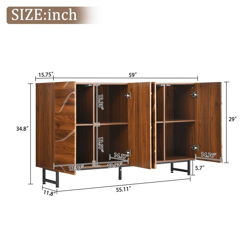 59.06" Modern Art Solid Wood Storage Cabinet with Iron Legs