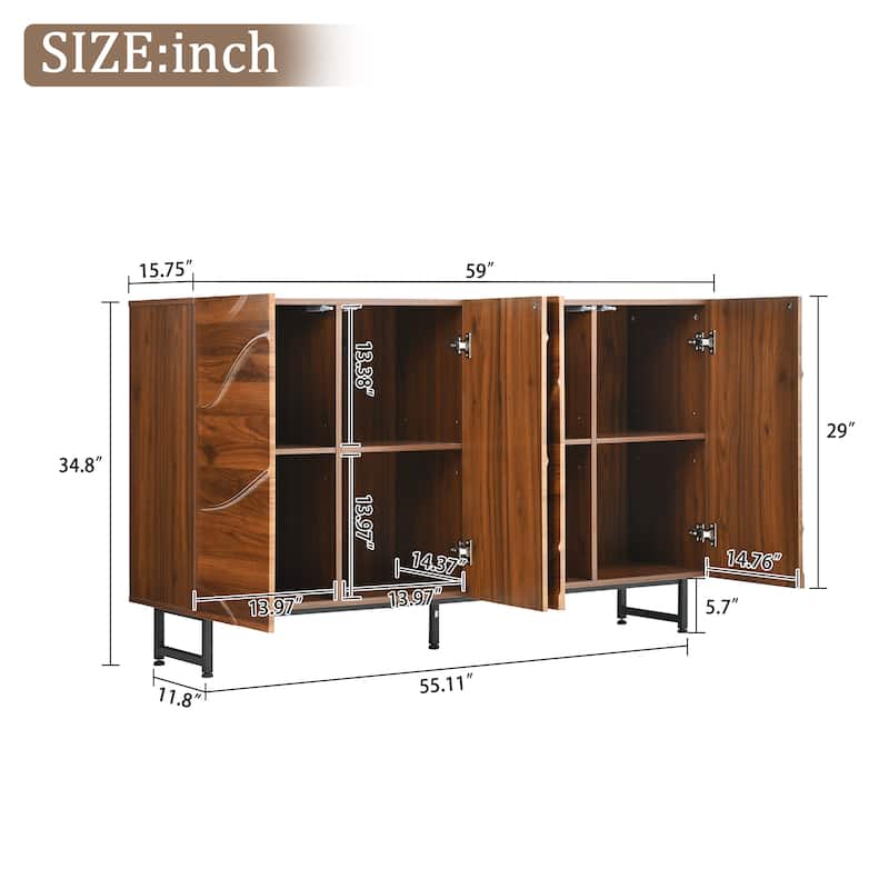 Modern Solid Wood Sideboard with Wave Relief Design, Large 4 Door Storage Cabinet Walnut Texture Buffet Sideboard