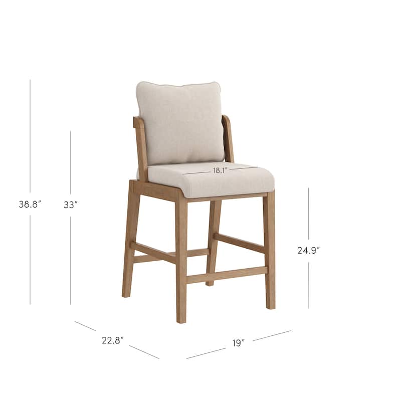 Chuck Scandinavian Upholstered Bar Stool with Curved Back with Cushion, Solid Wood Legs and Flax Upholstery