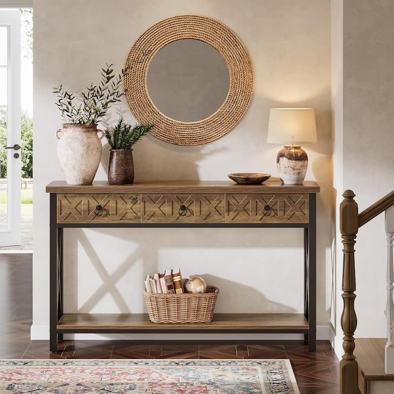 55" Farmhouse Narrow Console Table with 3 Drawers, Long Rustic Entryway Table with 2-Tier Storage Shelf