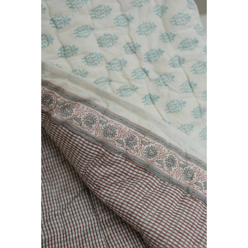 Fabdivine Hand Block Print Luxurious Cotton Quilt - Floral Patterned Umbrella, Reversible Artisan Bedspread for Bedroom Décor