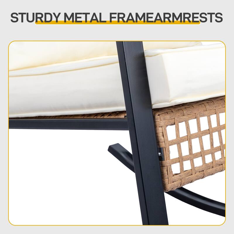 3-Piece Beige Patio Bistro Set with Rattan Rocking Chairs and Coffee Table Outdoor Furniture