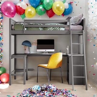 Modern Twin Size Wooden Loft Bed With Shelves and Desk,Solid Construction