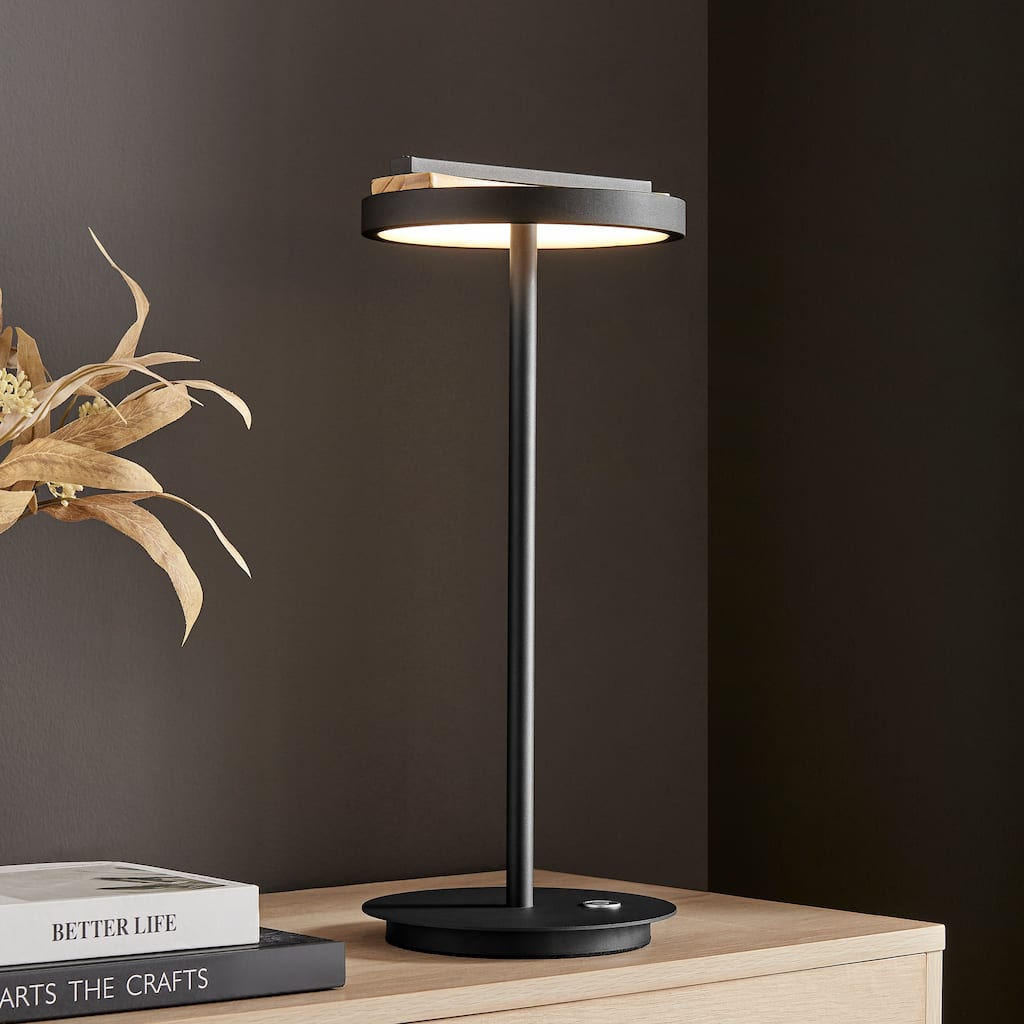 Satin Black & Wood Table Lamp - N/A