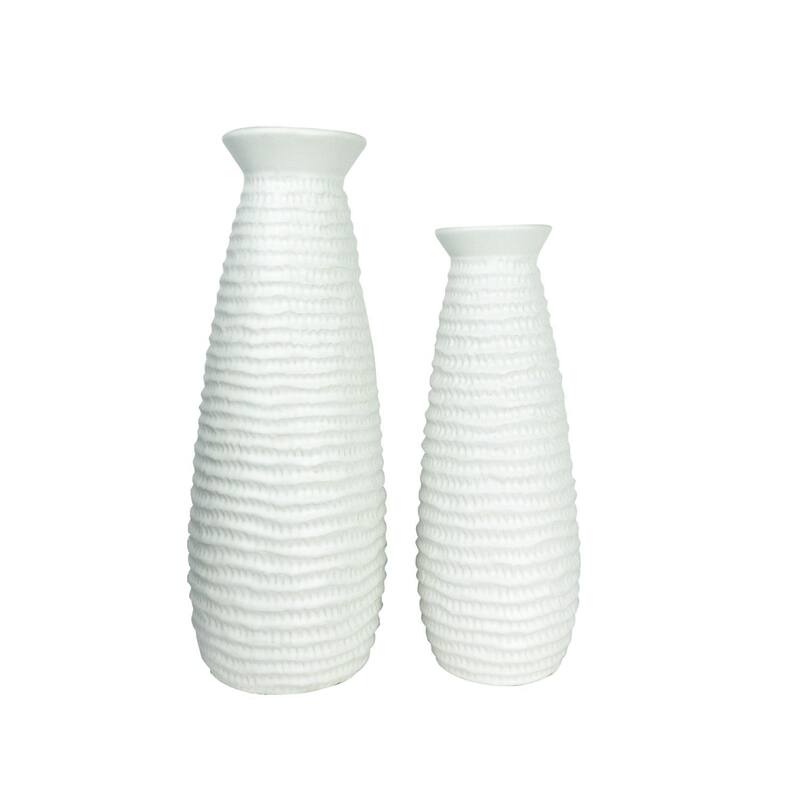 White Ceramic Cylinder Table Vases Set of 2 Modern Decorative Accent - White