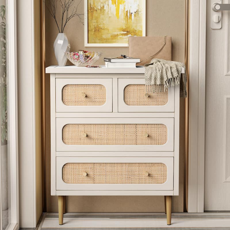 COZAYH Farmhouse Wicker Rattan Nightstand, Boho Mid-Century Coastal Wooden Bedside Table, Wooden Storage Cabinet