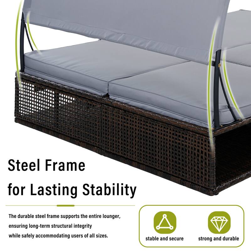 Outdoor Steel Frame Sun Lounger with Adjustable Backrest,Patio Double Sunbed with Hidden Side Table and Arched Armrests