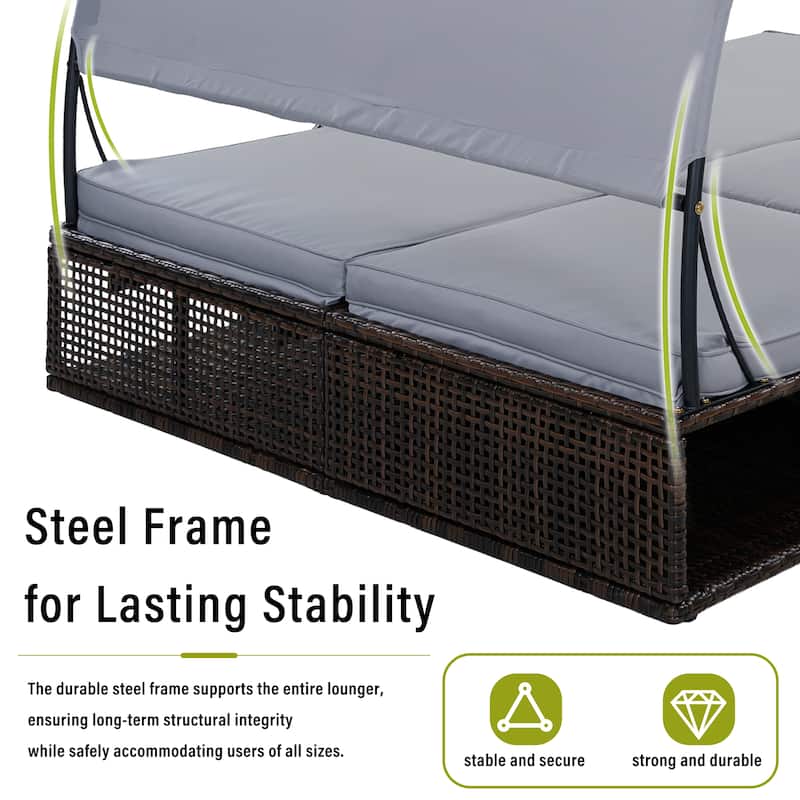 Outdoor Steel Frame Sun Lounger with Adjustable Backrest,Patio Double Sunbed