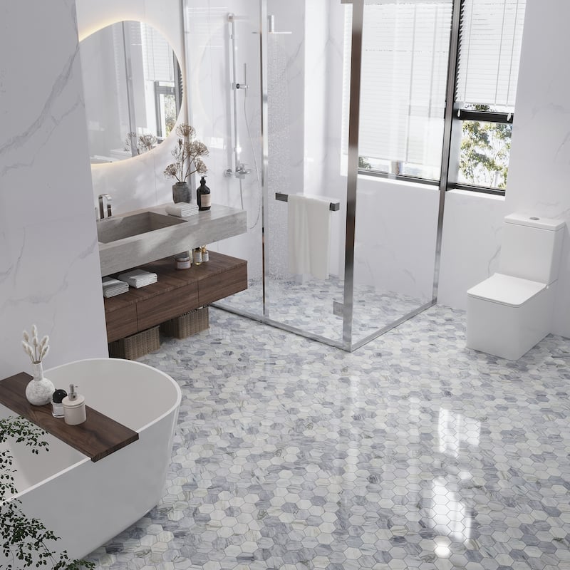 Toscana 12x10 in. Light Gray Polished Calacatta Bluette Hexagon Mosaic Wall and Floor Tile (4.38 sq ft/case, 5-Pack) - Light Gray