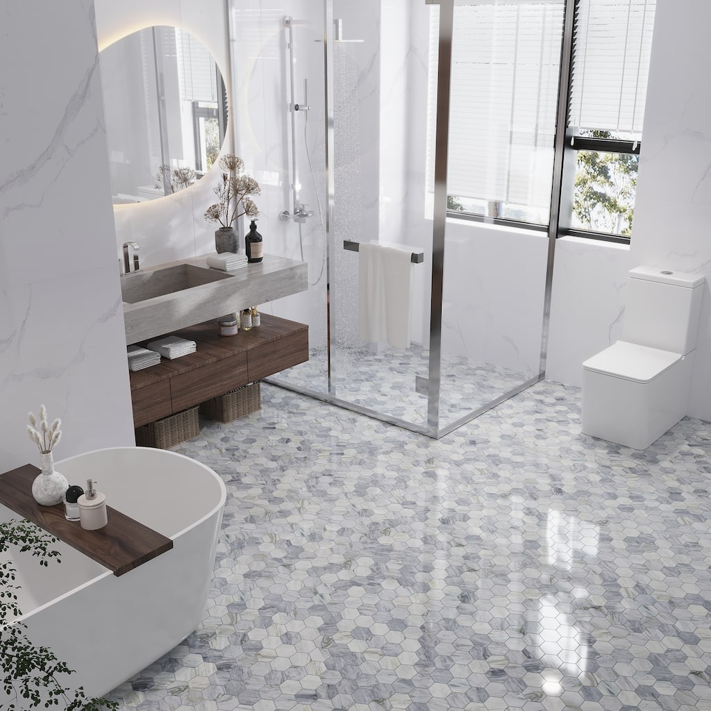 Toscana 12x10 in. Light Gray Polished Calacatta Bluette Hexagon Mosaic Wall and Floor Tile (4.38 sq ft/case, 5-Pack)