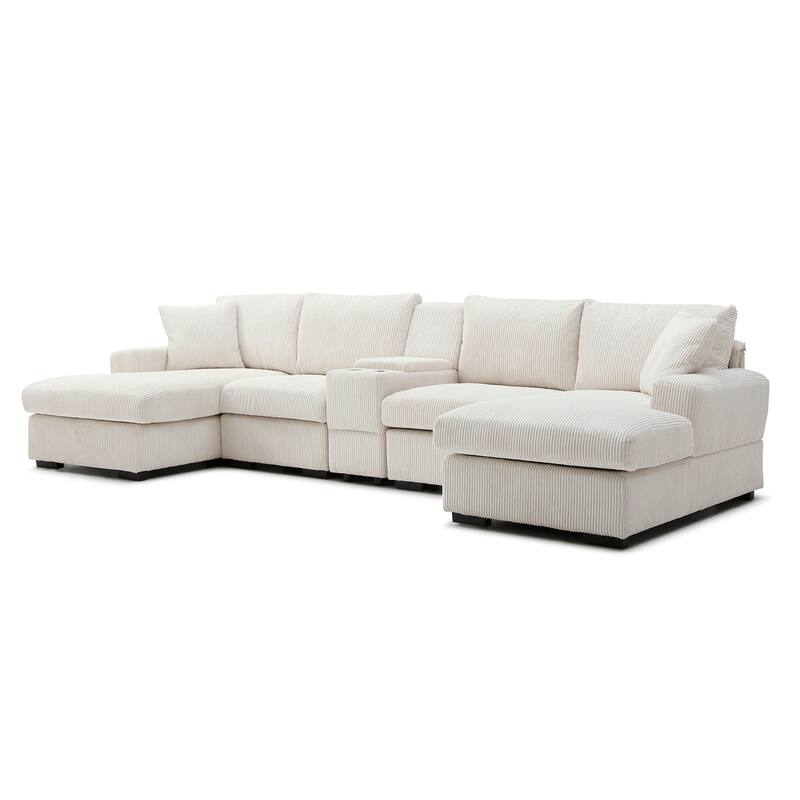 Comfy Corduroy Cloud U-shaped Sectional Sofa with Double Chiase Lounge, Built-in Storage Console and Cup Holders for Living Room