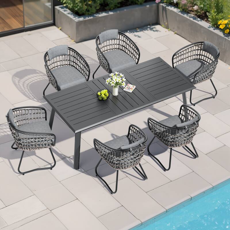 7/9/11-Piece Set Outdoor Aluminum Dining Table with Umbrella Hole and PE Rattan Chairs - Grey - Set of 7