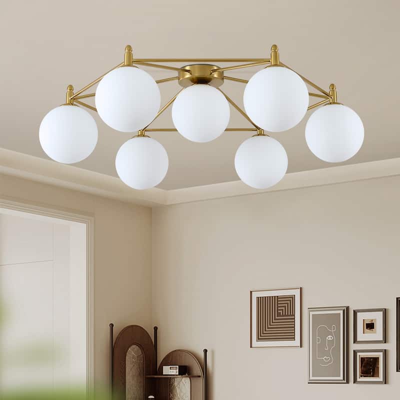 7 - Light Modern Sputnik Flush Mount Light, Black Metal, White Frosted Glass Globes - Brushed Gold