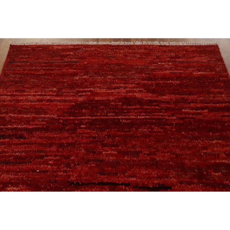 Hand Knotted Oriental 100% Wool Carpet Modern Stripe Red Moroccan Area Rug - 6' 4'' X 5' 2''