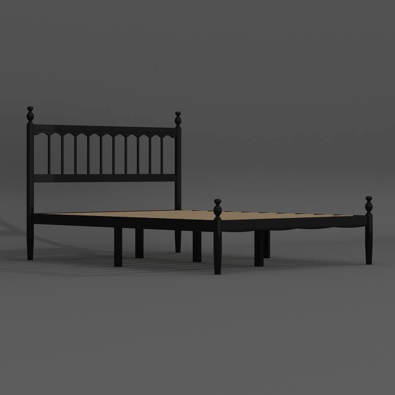 Solid Wood Bed Frame: Classic American - style Design with Black Finish and Rounded Post - tops