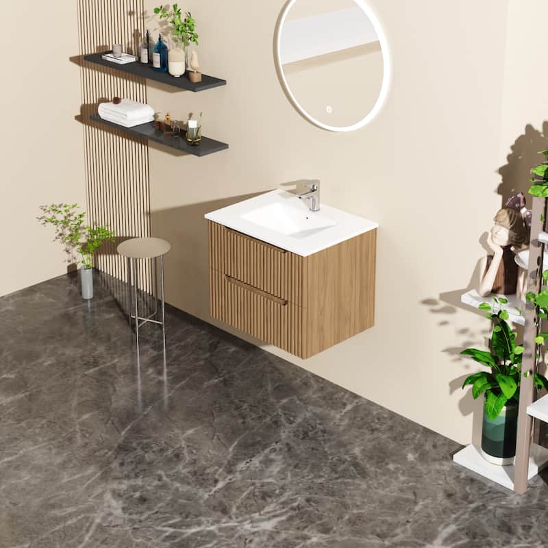 Modland 24" Wall-Mount Bathroom Vanity with Soft-Close Drawers & U-Shape Design - With/Without Sink, Walnut