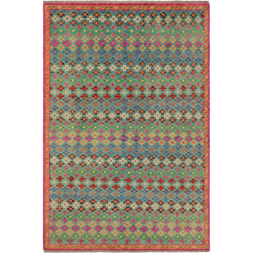 Contemporary Balochi Olson Blue/Orange Hand Knotted Wool Rug - 4'10'' x 8'3''