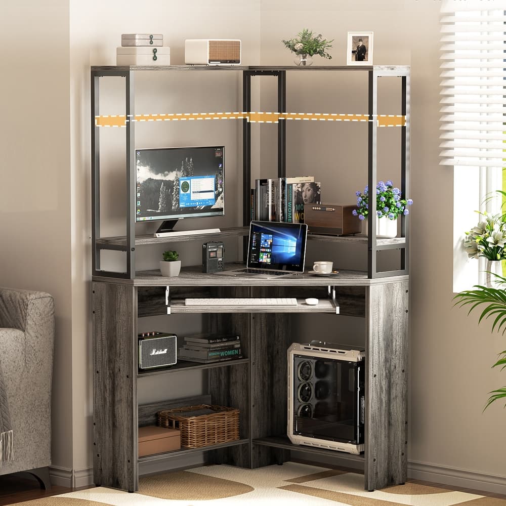 29.5'' W Triangle Corner Computer Desk with Keyboard Tray and Hutch, Sturdy Corner Table with LED Lights and Power Outlets