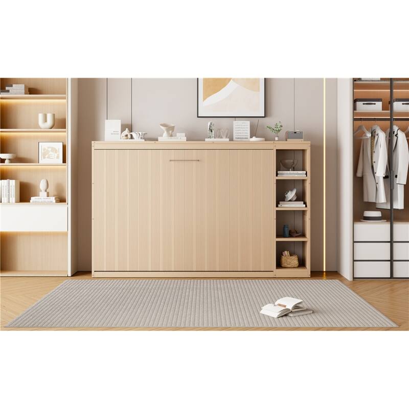 Full Size Murphy Bed with Bookshelf, Foldable Bed Frame with Storage Shelves, Wooden Cabinet Bed with Handle