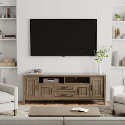 WYNDENHALL Rowan SOLID WOOD 72 inch Wide Contemporary TV Media Stand in Smoky Brown For TVs up to 80 inches