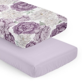 Sweet Jojo Designs Boho Shabby Chic Floral Girl 2 Pack Fitted Crib Sheets Solid Purple Ivory Bohemian Vintage Watercolor Elegant