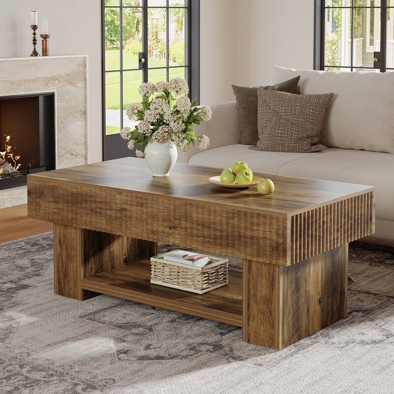 Large Wood Coffee Table with Storage, Farmhouse Rectangular Center Table with Open Shelf for Living Room - Brown