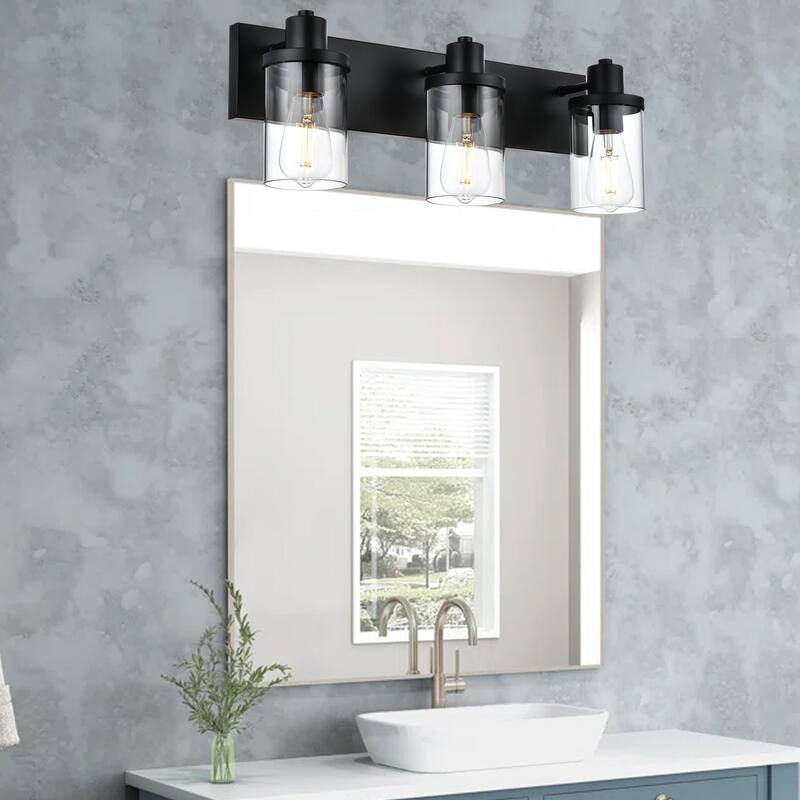 Rustic Wall Light Fixture in Matte Black Finish, 3 Light Bathroom Vanity Lighting with Clear Glass Shade, Wall Lamp Sconces
