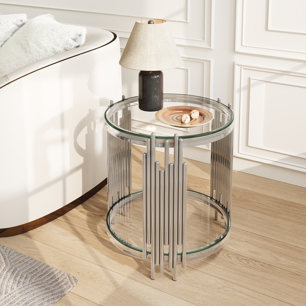 2-Tier Glod Side Table with Stainless Steel Legs and Tempered Glass Top