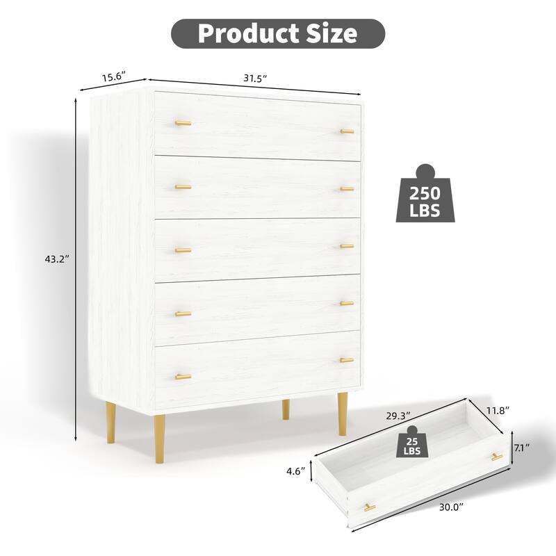 5 Drawers Dresser for Bedroom, 44" Tall Wood Rustic Chest of Drawers with Bar Handles, Vintage Design