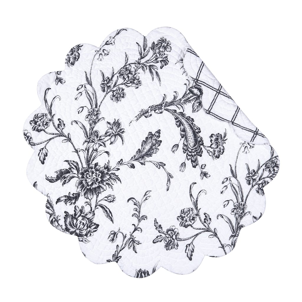 Bleighton Black Round Scalloped Edge Single Placemat Floral Flower Quilted, 17"