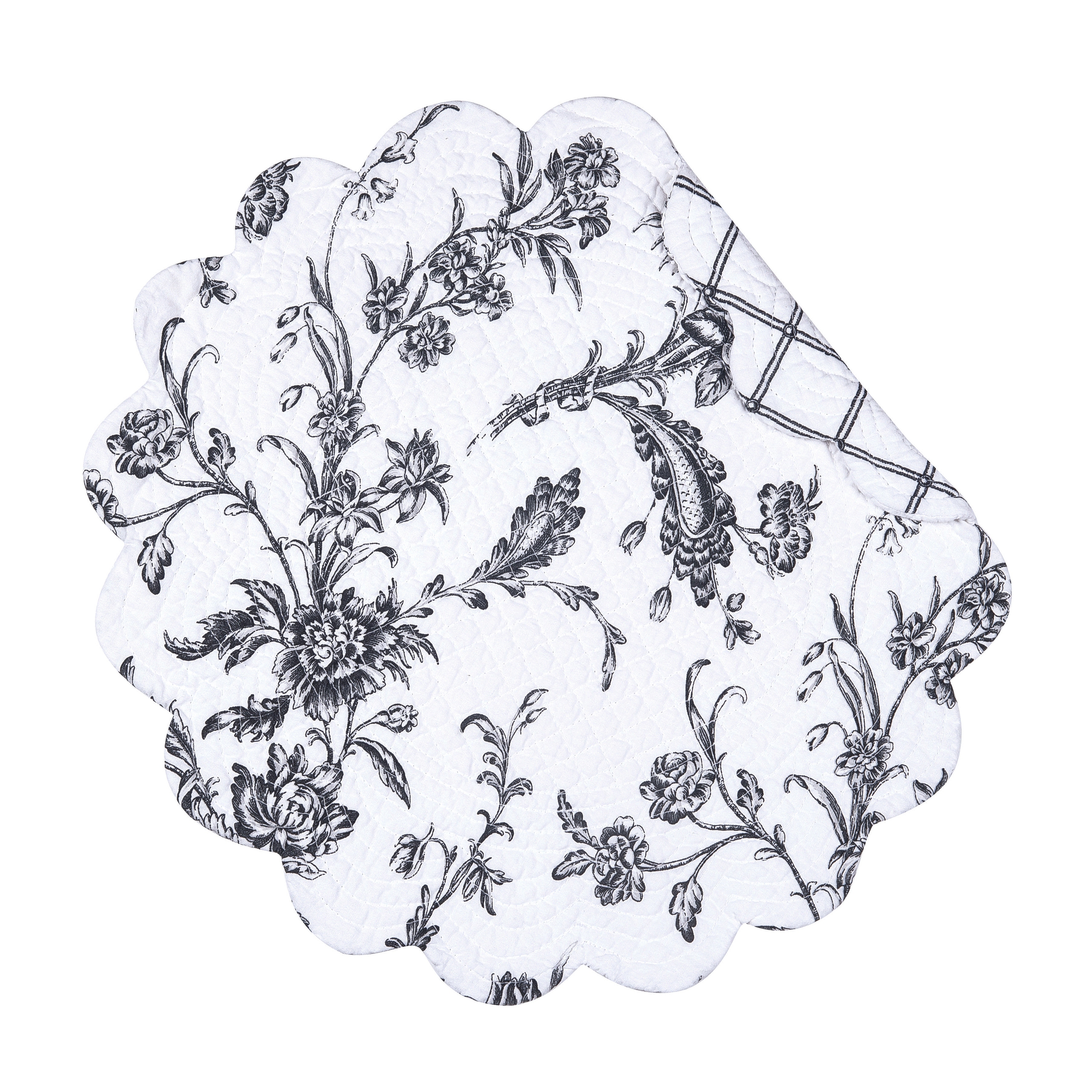 Bleighton Black Round Scalloped Edge Single Placemat Floral Flower Quilted, 17"