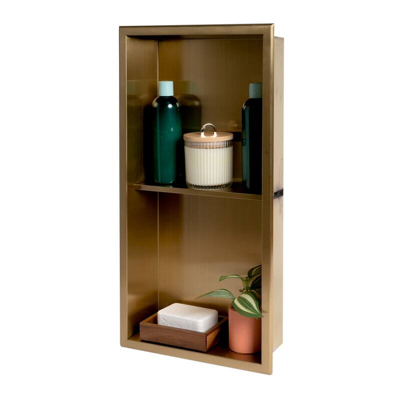 ALFI brand 12" x 24" Brushed Gold PVD Stainless Steel Vertical Double Shelf Shower Niche