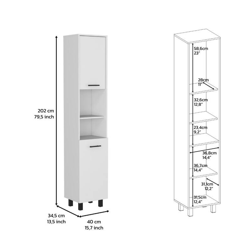Kitchen Pantry 79" H, Two Open Storage Shelves, Three Internal Shelves, Two Doors, Four Legs, White - White