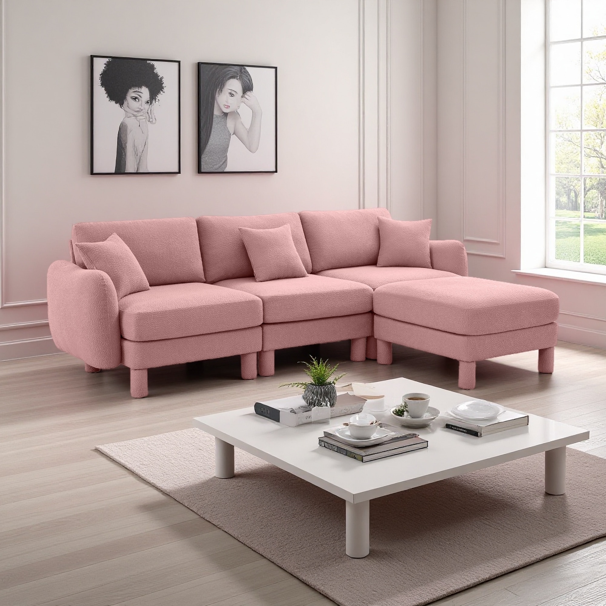 109.4" Boucle L-Shaped Convertible Sectional Sofa with Shell Armrests & Removable Ottoman (3-Seater)