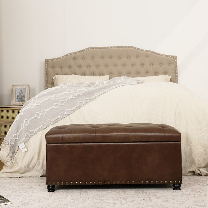 Adeco Rectangular Storage Ottoman Tufted Faux-Leather Bench Lifted Top
