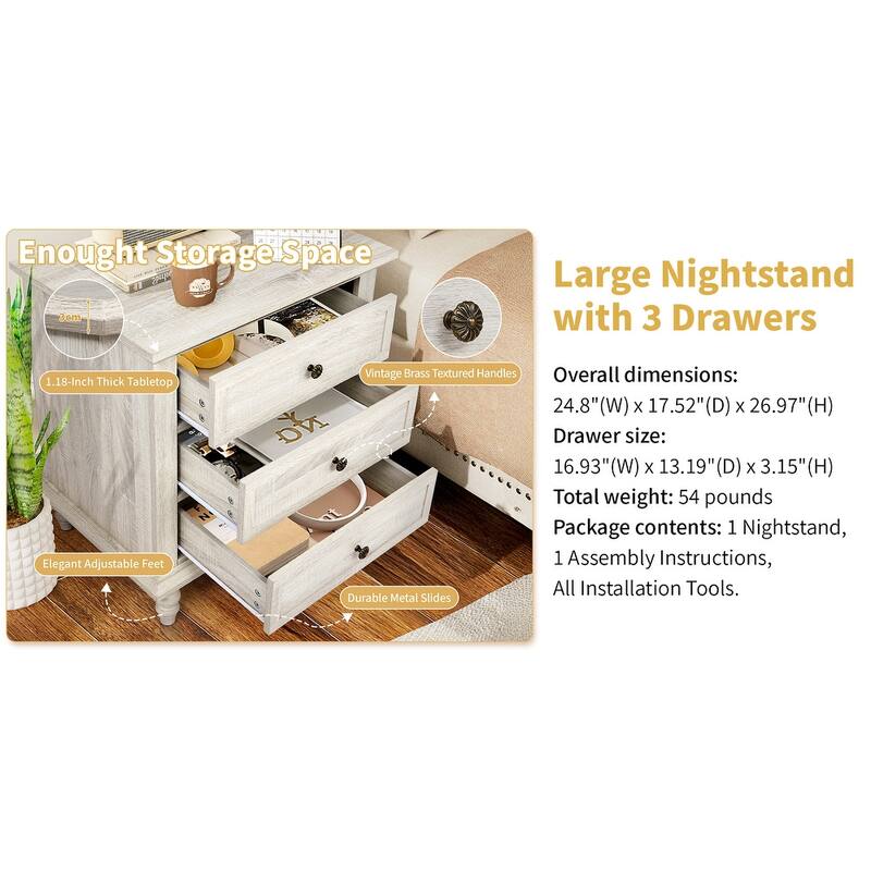 Wood 3-Drawer Nightstand with Rustic Finish and Storage
