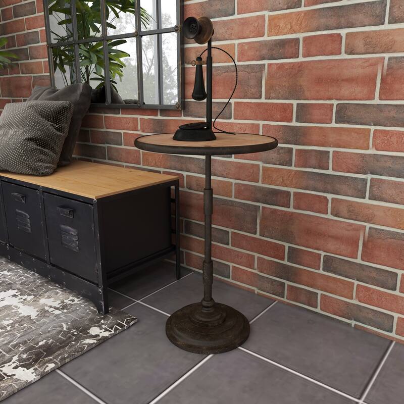 Bronze Metal Side End Accent Table with Brown Wood Top