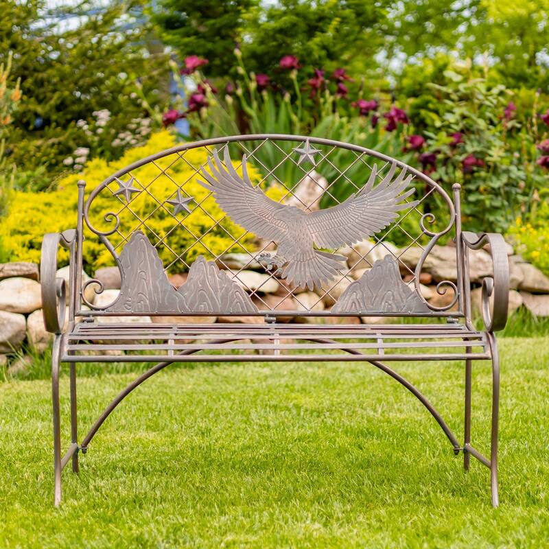 Round Top Iron Garden Bench with Flying Eagle Backrest "Klamath" - 43.7" L x 20.47" W x 37.4" H