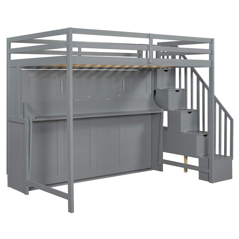 Full Over Full Size Murphy Bunk Bed Convertible Loft Bed with Hydraulic Lift, Hidden Desk and Storage Stairs for Kids