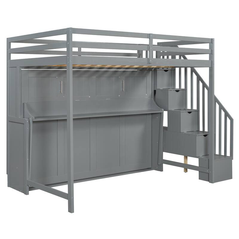 Full Size Convertible Murphy Bunk Bed with Hydraulic Lift, Built-in Desk & Storage Staircase, Space-Saving Wall Bed