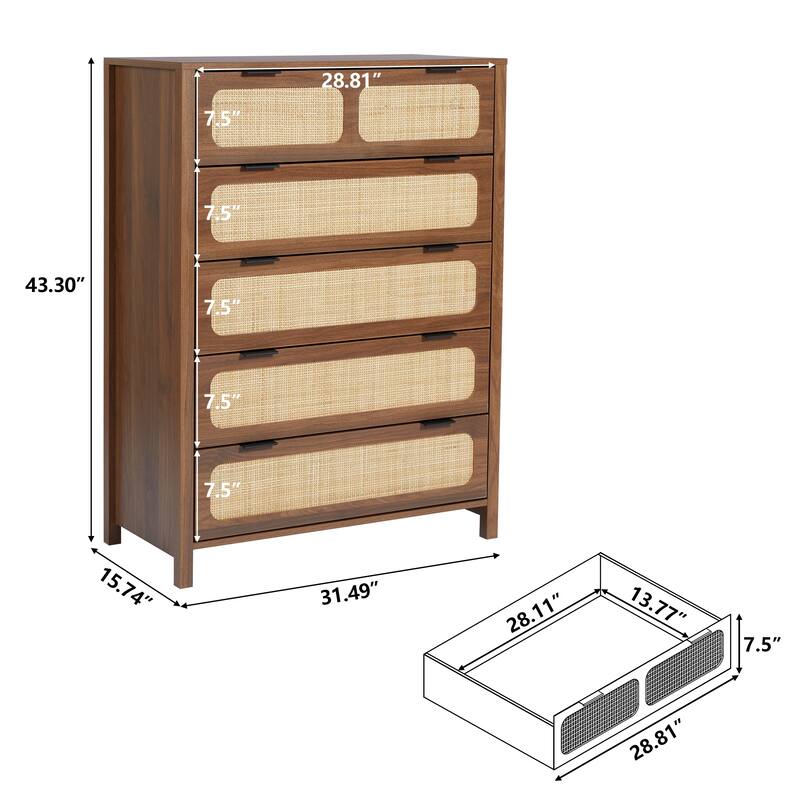 Wooden Rattan 5-Drawer Storage Cabinet Dresser
